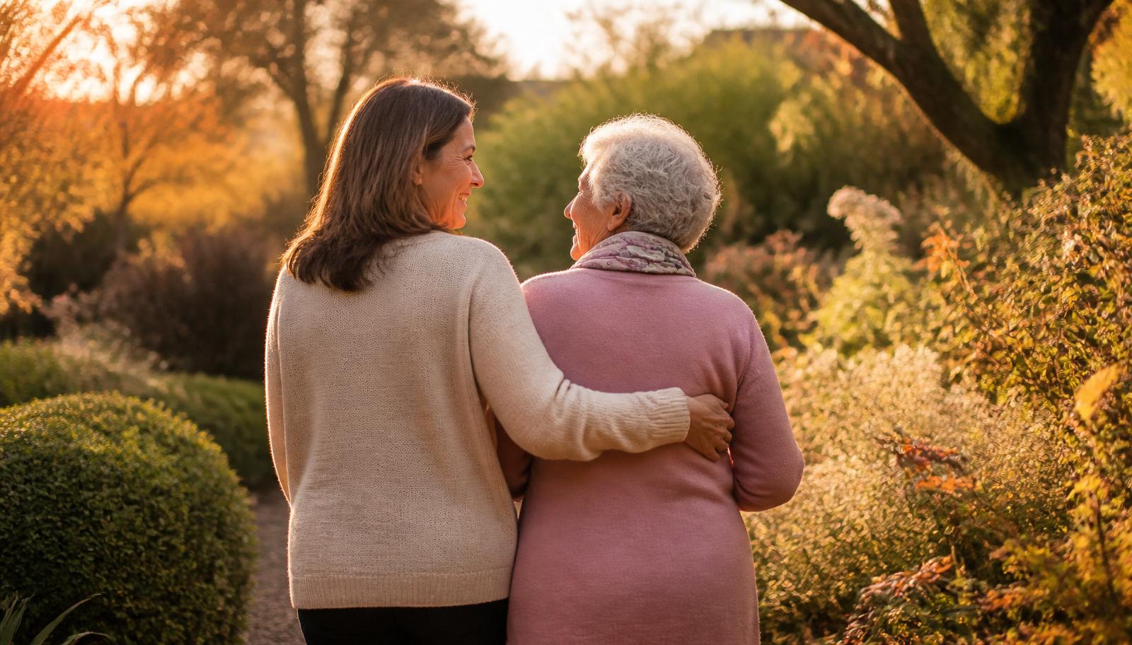 A daughter and her elderly mum walking arm in arm in a golden garden